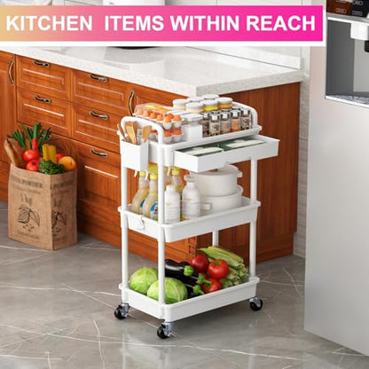 Goovilla 3 Tier Rolling Utility Cart Organizer with Removable Drawer, White | Stable and Sturdy Rolling Storage Carts with 2 Lockable Wheels for Bathroom, Kitchen, Snack, Craft, Makeup, Baby Essentials - size: 3 Tier, style: White