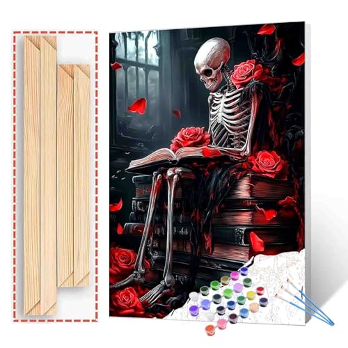 Church Fantasy Scene Skull On Books Dark Romantic Paint By Numbers Kits For Adult, Skeleton Gothic Art Red Roses Skeleton Reading Paint By Number Kit Gift Home Wall Decor 16X20 Inch (DIY Framed) - color: Dark Raven-03, size: 16''x20''(DIY Frame)