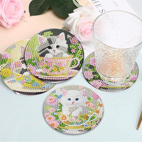 Mrnsiet 8PCS Cat Diamond Art Coaster Kits for Adults, DIY Cat Diamond Painting Coaster with Holder, Non Slip Hardwood Bases Coaster Set Gift for Beginners 4x4 Inch - color: Bdwy475-us