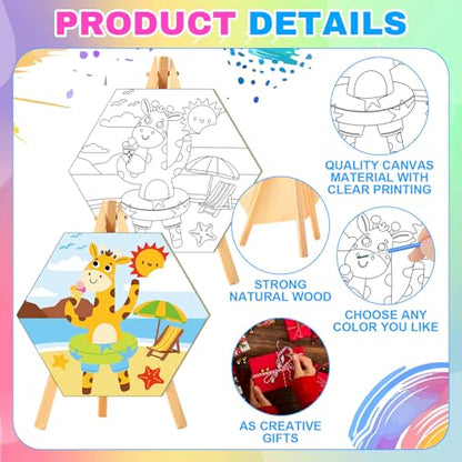Watersay 12 Set Kids Pre Drawn Canvas for Painting Kit 12 Pcs 6" x 6" Animals Printed Pre Drawn Canvas, Easels, Palette, Paint Pot, 24 Brushes Kid Paint Party Favor for DIY Classroom Craft Activity - style: Animal