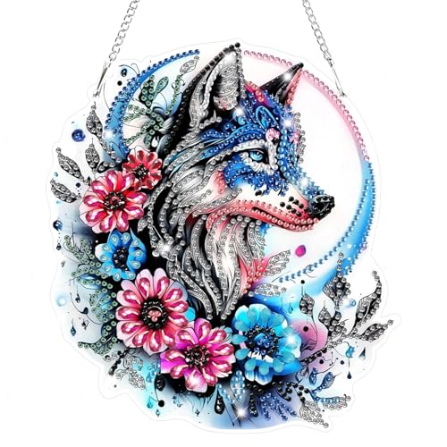 Bowetile Wolf Diamond Art Hanging Kits for Adults, 5D Special Shape Diamond Painting Flowers Pendant Kits, Gem Art Suncatchers Painting Window Ornament for Home Garden Wall Decor - color: Wolf-01