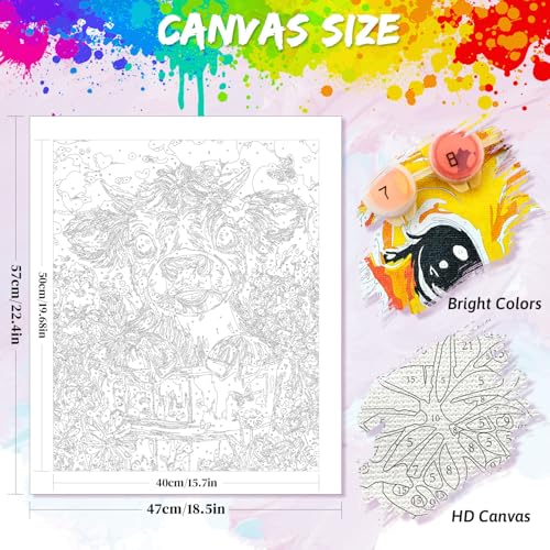 Yunnuo Cow Paint by Numbers Kit for Adults,Highland Cow Flowers Paint by Number Canvas,Acrylic Simple Painting by Numbers for Adults Beginners,Perfect for Home Wall Decor and Gifts(19.7x15.7 inches) - color: A-031-Highland Cow