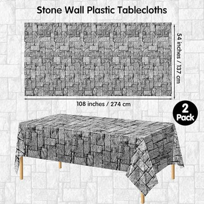 Kochorie 2 Pieces Stone Wall Plastic Tablecloths 108 x 54 Inches Disposable Waterproof Medieval Stone Brick Table Covers Rustic Western Castle Knight Themed Party Table Decorations - style: Stone Wall