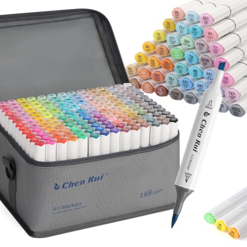 Chen Rui Alcohol Markers Brush & Chisel Tip Double Tipped Art Marker Set for Artist Adults Coloring Illustration Painting Alcohol Based- Refillable (168)