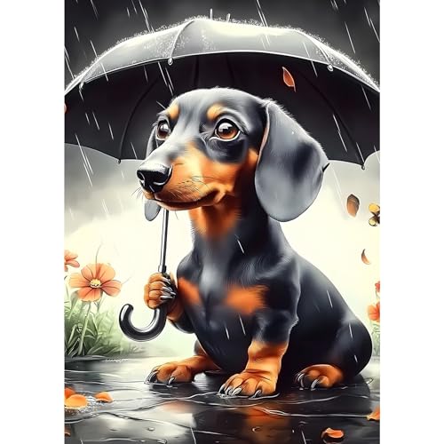 MXJSUA DIY Diamond Painting Kits for Adults, Umbrella Dachshund Dog Diamond Gem Art Painting for Beginners, Diamond Picture with Full Round Drill Dots Craft Set Gift, 12x16 Inch - color: Animals-05