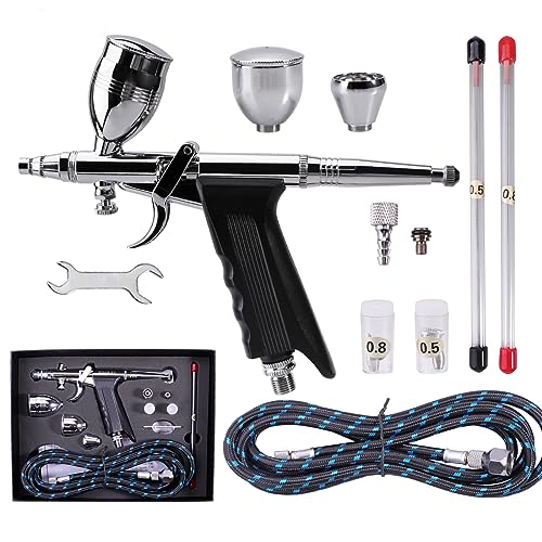Airbrush Gun Set Single Action Air Brush Pen 0.3mm with Extra 0.5 0.8 mm Needles,Airbrush Hose and 2CC/5CC/13CC Cup Kit