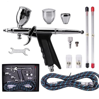 Airbrush Gun Set Single Action Air Brush Pen 0.3mm with Extra 0.5 0.8 mm Needles,Airbrush Hose and 2CC/5CC/13CC Cup Kit