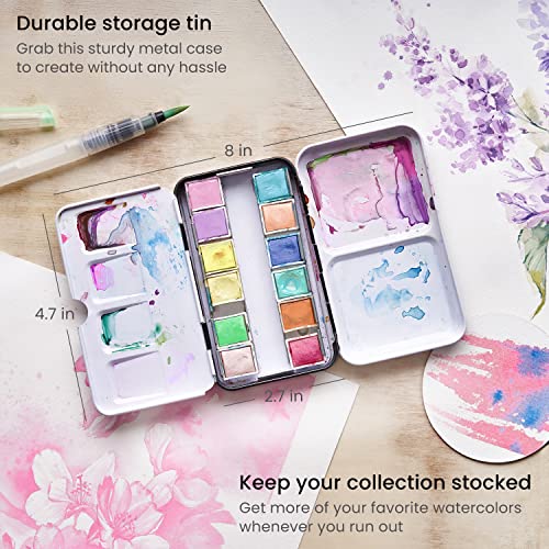 ARTEZA Watercolor Paint Set, 12 Pastel Colors, Half Pans in Travel Tin - color: Multicolor