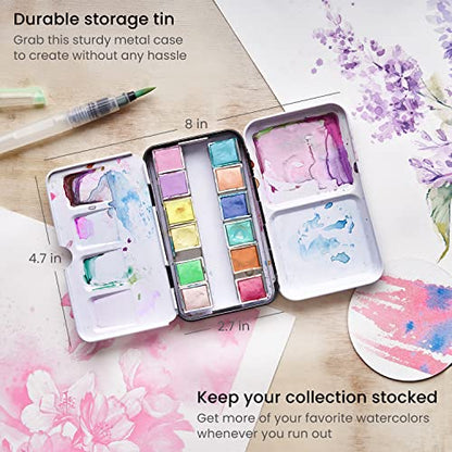 ARTEZA Watercolor Paint Set, 12 Pastel Colors, Half Pans in Travel Tin - color: Multicolor