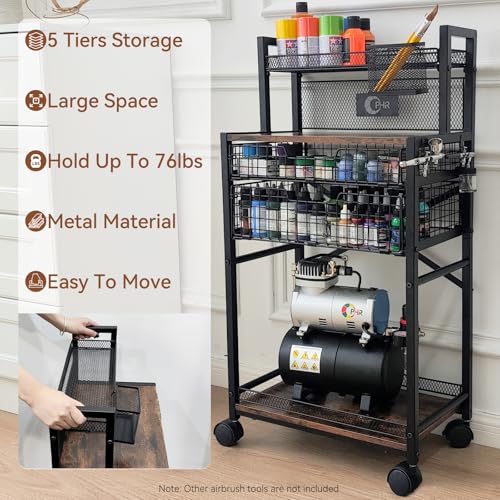 5 Tier Metal Airbrush Storage Cart for Air Compressor,Paint Supplies | 360° Lockable Wheels, 2 Drawers, Airbrush & Brush Holders Keep Compressors, Paints, & Tools Organized In One Workspace Cart