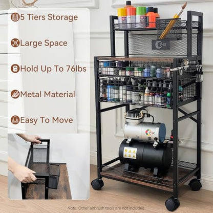 5 Tier Metal Airbrush Storage Cart for Air Compressor,Paint Supplies | 360° Lockable Wheels, 2 Drawers, Airbrush & Brush Holders Keep Compressors, Paints, & Tools Organized In One Workspace Cart