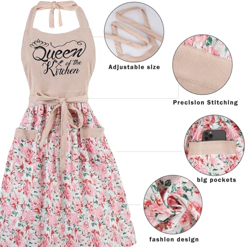 Cute Floral Apron for Women with Pockets, Cotton, Adjustable Straps - color: Pink