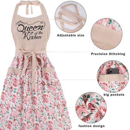 Cute Floral Apron for Women with Pockets, Cotton, Adjustable Straps - color: Pink