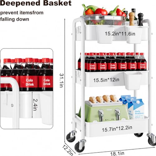 3 Tier Heavy Duty Rolling Cart Metal with Wheels, White Three Tiered Roller Shelf Carts on Wheels, Utility Storage Shelves Organizer for Kitchen, Bedside, Laundry, Snack, Craft, Art, Pantry, Nail - color: White, size: 3 Tier