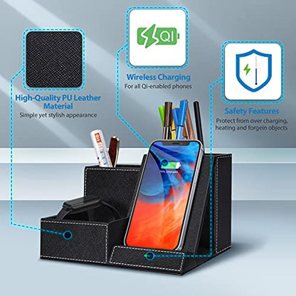 TopMade Wireless Charger with Desk Nightstand Organizer, PU Leather Pen Pencil Holder Fast Charging Station, Office Supplies for Iphone Charging Stand, Anniversary Birthday Gifts for Men(Black) - color: Black
