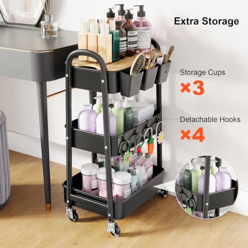3 Tier Metal Rolling Cart with Wheels and Wooden Table Top, Three Tiered Craft Cart Organizer on Wheels, Black Storage Utility Carts for Art, Diaper Caddy, Baby Nursery, Office, Laundry, Snack, Book - color: Black