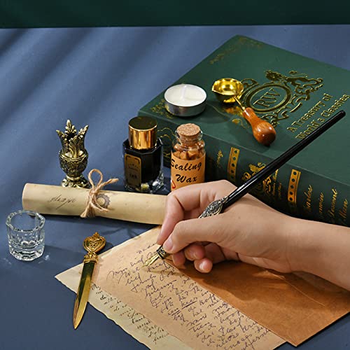 Joyeee Gold Calligraphy Pen Set with Ink, Wooden Calligraphy Fountain Pen, 1 Bottle Sealing Wax Beads, Tea Candle, Glass Cup, Gold Letter Opener, Holder and Wax Seal Spoon, Teacher Gift Box for Women - color: #73 gold
