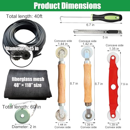 Sliding Screen Door & Window Screen Replacement Kit, 48"x118" Black Fiberglass Screen Mesh with Spline Roller Tool/Hook/Cutter/Ruler - Repair for Windows, Patio, Porch & Sliding Glass Doors - size: 8 in 1