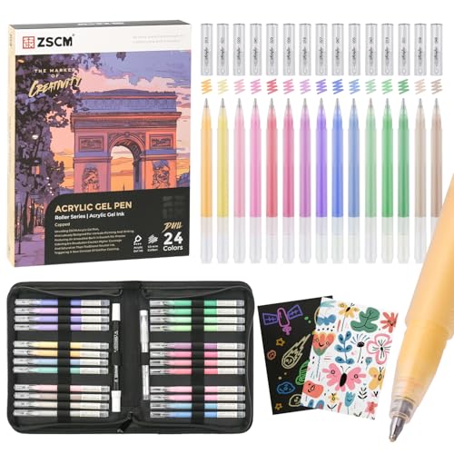 ZSCM 24 Colors 3D Acrylic Gel Pens & Black Paper Sketchbook for Drawing - color: 24 Packs-Dull