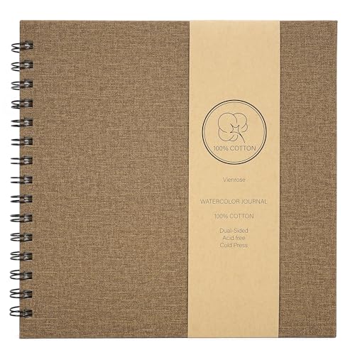 Vienrose Watercolor Book, Watercolor Journal with 22 Sheets 140 LB (300 GSM) Cotton Watercolor Paper, Brown Leather Cover Travel Art Journal for Painting & Notes, 8.3"x8.3" - color: Brown, size: 8.66"x8.46"