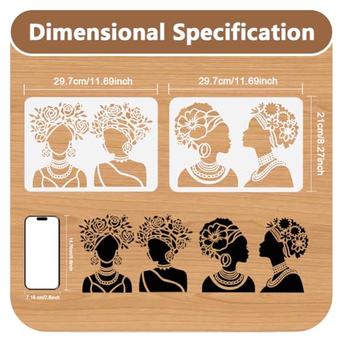 2Pcs Flower African American Lady Stencils for Painting, 11.69"x8.27"Plastic Floral African Women Face Stencil Drawing Templates, DIY Craft Paint Templates for Wall Home Decor Wood Burning Canvas - style: Lady