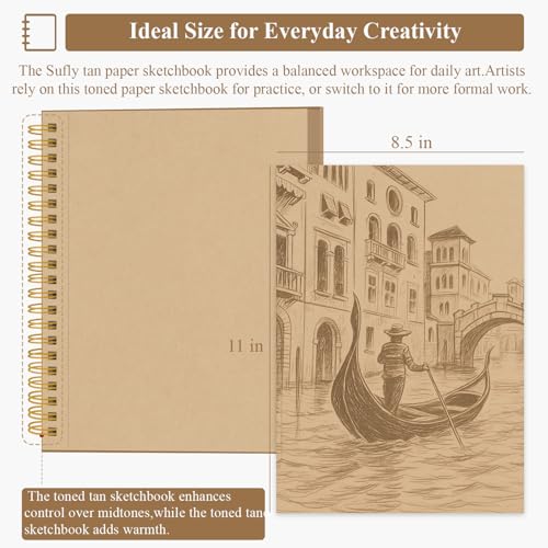SuFly Toned Tan Sketch Pad, 8 1/2 x 11 Sketchbook, 60 Sheets - 90lb/150gsm Toned Tan Sketch Paper for Mixed Media, Charcoal, Graphite, Colored Pencils & White Gel Pens, 100% Recycled, Wire-O Bound. - color: Toned Tan, size: 8.5-x-11-inch:1 Pack