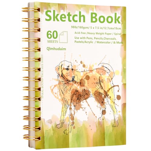 Qlmhudaim Mixed Media Sketchbook, 5"x7.5", 60 Sheets 160gsm/98lb Acid-Free Paper, Spiral Bound Sketch pad for Crayon, Marker, Color Pencil & Sketching,Multi-Medium Art Notebook for Beginners, Teens. - size: 5 x 7.5 Inches