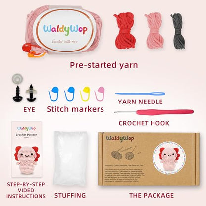 WaldyWop Crochet Kit for Beginners Adults, Wobbles Crochet Animal Kit, Complete Starter Knitting Set w/Step-by-Step Video Tutorials, Easy Yarn (Extra 40%), Hook - DIY Craft Kits, Gifts for Women - color: Axolotl