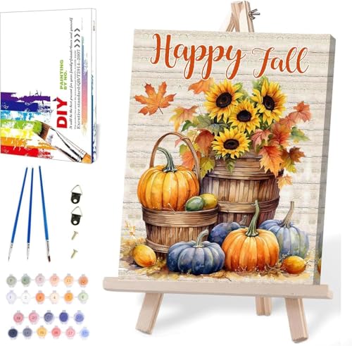 MIRCVSH Happy Fall Paint by Numbers for Adults with Framed Canvas-with Wooden Easel,Pumpkins Paint by Number on Canvas,DIY Painting Kits with Brushes Nice Gift Box for Home Wall Decor(12x16 Inch) - color: DKMT0212