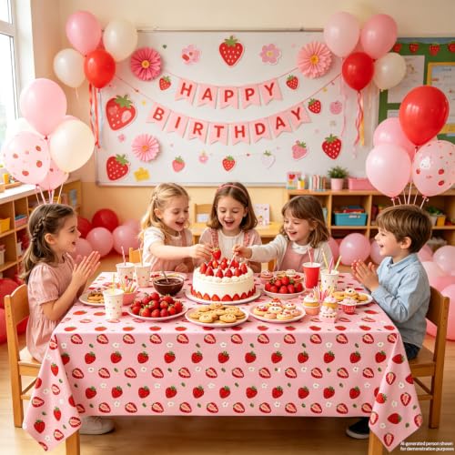 4 Pack Pink Strawberry Tablecloth Strawberry Table Clothes Berry Tablecloth Berry Table Covers Fruit Birthday Party Table Cover for Summer Beach Pool Party Supply 51 x 86 Inch