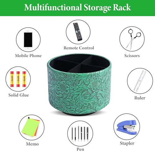 Round Leather Art Supply Organizer,Remote Control Holder,360 Degree Spinning,Multi-Functional Pencil Holder,4 Compartments Desktop Stationary Organizer(1-Carved Green) - color: 1-Carved Green