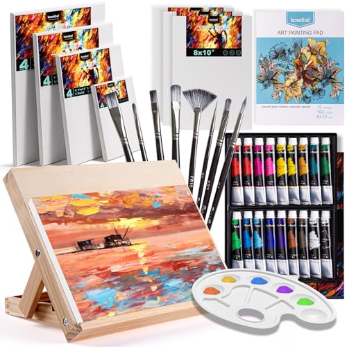 koseibal Acrylic Paint Set with Tabletop Easel and Canvas for Kids, Adults | Complete Painting Supplies Kit 18 Vibrant Acrylic Colors, 8 Art Brushes, 4 Blank Stretched Canvas - color: 18x22ml+Easel-L