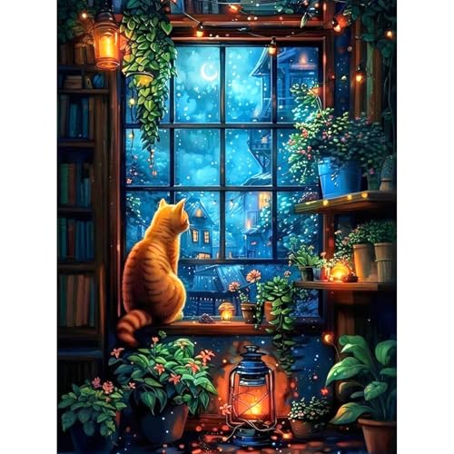 Camocin Diamond Art Kits for Adults, Cozy Window Cat Diamond Painting | Gem Art, Diamond Dot, 5D Full Round Drill, Cozy Orange Cat Wall Decor, DIY Craft Gift, 12x16 Inch - color: LBDP1P15