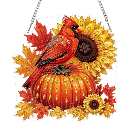 CEOVR Fall Cardinal Hanging Diamond Art for Adults, Cardinal Pumpkin Diamond Painting Pendant, DIY Special Shape Gem Art Window Ornament, Acrylic Home Wall Decor with Chain, Box Kit 7.87×7.87inch - color: 16-Cardinal