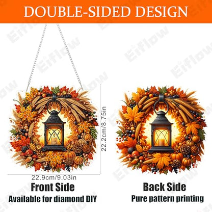 Eiflow Acrylic Diamond Art Hanging Kit for Adults Fall Wreath, DIY Diamonds Painting Door Hanger Board Kit, Special Crystal Diamond Art Painting Pendant Ornament (Lantern) - color: Lantern Wreath
