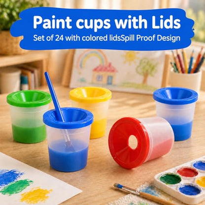 24PCS No Spill Paint Cups with Lids for Kids – Durable Plastic Paint Water Cup Set in 4 Colors, Reusable & Spill Proof for Classroom, Crafts, and Painting Projects