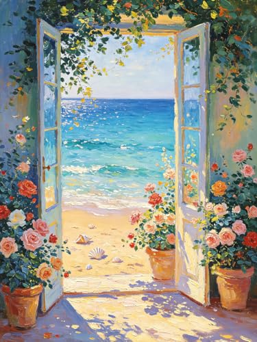 Beach and Flower Diamond Art Kits for Adults, Diamond Painting Kit Adults for Beginners, Round 5D DIY Dimond art,Full Drill Painting Kit Art and Crafts for Adults Home Wall Decor【11.8x15.7inch】 - color: JW-114