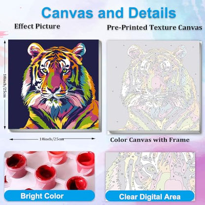 Artunion Framed Paint by Numbers Kit for Adults Beginners & Kids Ages 8-12,Colorful Tiger Paint by Number with Frame, Animals Paint by Numbers Kit on Canvas 10 * 10 Inch Without Easel - color: ZXT-266-F