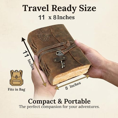 cuero Compass Vintage Leather Journal Antique Handmade Bound Journal with Deckle Edge Paper Diary Leather Sketchbook Drawing Journal Notebook Great Gift Men & Women (Caramel Brown, 11X8 Inch) - size: 11 Inch X 8 Inch