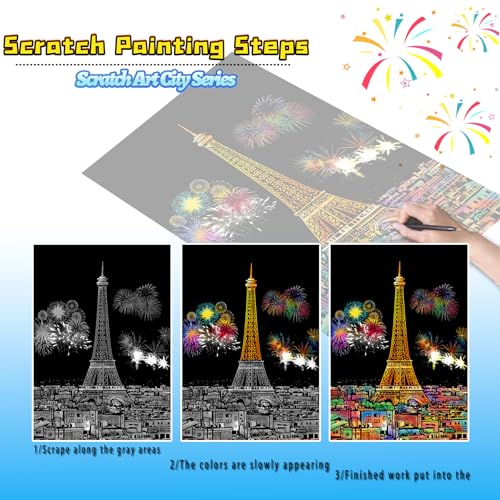 DESINIK Scratch Art Book for Adults-Rainbow Scratch Painting Art Kit DIY Craft Kit with 1 Rainbow Scratch Art Book and 4 Tools,Impression City Series - color: Impression City Series