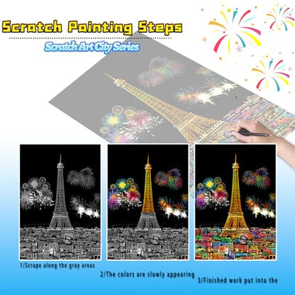 DESINIK Scratch Art Book for Adults-Rainbow Scratch Painting Art Kit DIY Craft Kit with 1 Rainbow Scratch Art Book and 4 Tools,Impression City Series - color: Impression City Series
