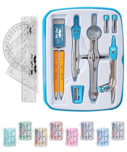 Mr. Pen 13 Piece Geometry Set with Shatterproof Storage Box, Blue | 45° & 30°/60° Set Squares, Pencils, Lead Refills, Sharpener & Eraser for Math, Drafting & Classroom Use - color: Blue