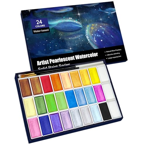 6ML Shimmer Watercolor Paint Set, 24 Colors Glitter Metallic Watercolour Painting Sets, Solid Pearl Water Color Paints for Artists, Amateur Hobbyists and Painting (24 Colours) - color: 24 Colours（6ml）