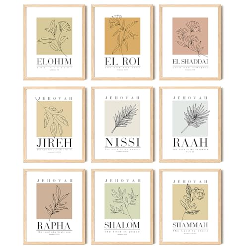 Aroutde 9Pcs Hebrew Names of God Poster Christian Canvas Wall Art Prints Jehovah Jireh Rapha Shalom Nissi Raah Shammah Elohim El Roi El Shaddai Wall Art Decor for Home Office (8x10 Unframed) - color: Hebrew Names of God Wall Art