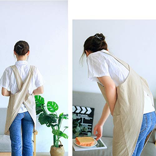 NEWGEM Japanese Cotton Linen Cross Back Cooking Apron for Women Men with Pockets Cute for Baking Kitchen - color: 06 - Women's Khaki
