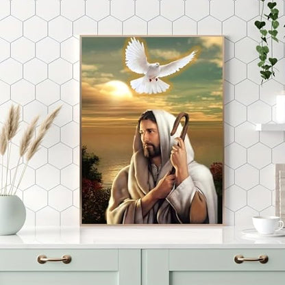 Ohhvvow Jesus Diamond Art Painting Kits for Adults, Full Drill Faith Diamond Dots Paintings for Beginners, Round 5D Peace Bird Paint with Diamonds Pictures, Dove Gem Art Painting DIY Crafts 12x16 Inch - color: Jesus A