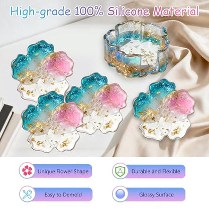 Panamalar Silicone Coaster Resin Molds, 5PCS Flower Coaster Molds with Holder Mold for Epoxy Resin, Coaster Tray Resin Casting Molds for DIY Art Craft Home Decoration Table Wine Cup Mat