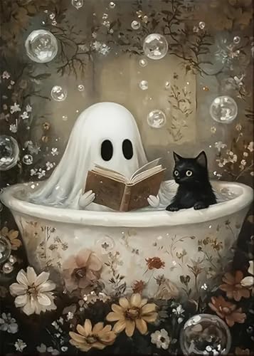 LKHMVCA Halloween Ghost Read Cat Flower Paint by Number Kits for Adults, DIY Paint by Numbers Kits for Adults Beginners Without Frame, Acrylic Paint Canvas Painting Kits Art for Home Decor 16x20 Inch - color: Halloween Ghost Cat