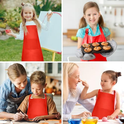 10 Pack Kids Apron Adjustable Children Apron with 2 Pockets Children Chef Painting Aprons for Cooking Baking Painting Crafts Making (Red) - color: Red