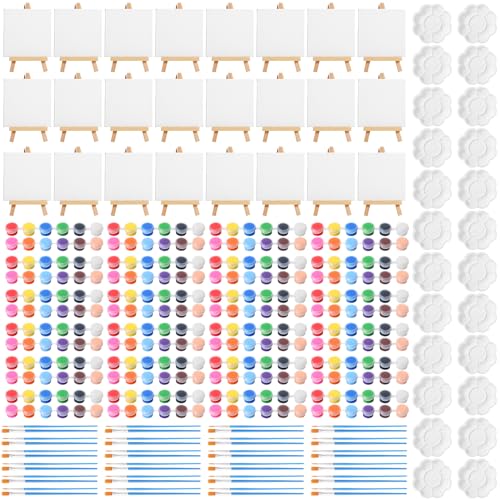 Qilery 24 Set 4 x 4 Inch Mini Canvas Panels and Easel Painting Kit, 12 Colors Acrylic Strips Brush Palettes, Art Painting Kits for Artists Beginners Oil Acrylic Craft Party Favors - size: 4" X 4"